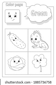 Coloring book. Learning colors. Color pictures. Flashcard for kids. Cartoon characters. Picture set for preschoolers. Education worksheet. Vector illustration.