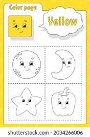 Coloring book. Learning colors. Color pictures. Flashcard for kids. Cartoon characters. Picture set for preschoolers. Education worksheet. Vector illustration.