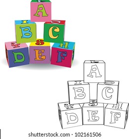 Coloring book. Letter cubes toys. Vector illustration