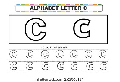 Coloring book letter for kids. Worksheet for preschool, kindergarten and school age. Trace line. Write and color C.