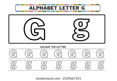 Coloring book letter for kids. Worksheet for preschool, kindergarten and school age. Trace line. Write and color G.