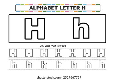 Coloring book letter for kids. Worksheet for preschool, kindergarten and school age. Trace line. Write and color H.