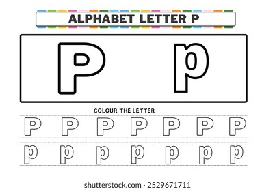 Coloring book letter for kids. Worksheet for preschool, kindergarten and school age. Trace line. Write and color P.