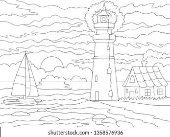 Coloring book with lighthouse isolared on white background. Vector  illustration with landscape 