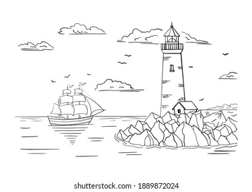 Coloring book. A lighthouse on a rocky shore and a ship on the horizon. Hand drawn sketch. Vintage style. Black and white vector illustration isolated on white background.