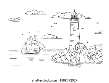 Coloring book. A lighthouse on a rocky shore and a ship on the horizon. Hand drawn sketch. Vintage style. Black and white vector illustration isolated on white background.