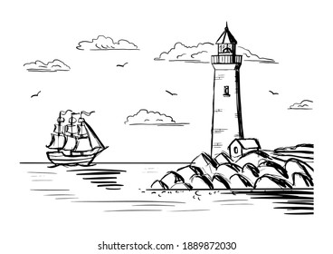 Coloring book. A lighthouse on a rocky shore and a ship on the horizon. Hand drawn sketch. Vintage style. Black and white vector illustration isolated on white background.