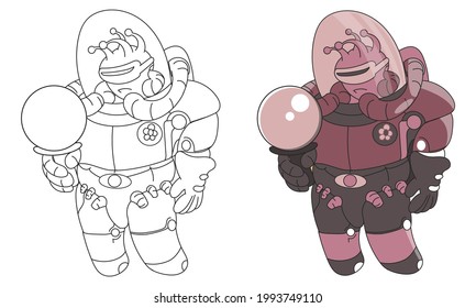 Coloring book. line art alien astronaut holding glass ball, lineart design coloring pages for kids or adults, line art design in simple cartoon style, Vector illustration.