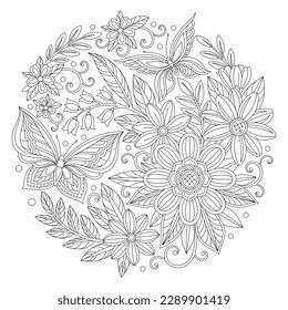 Coloring book line art. Composition of flowers, blooming and blossom plants, branches with leaves and butterflies. Spring season. Antistress for children and adults. Cartoon flat vector illustration