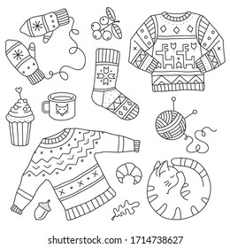 Coloring book. Line art design for adult or kids colouring page. Cozy mood, hygge concept. Antistress, relax. Doodle style. Vector stock illustration