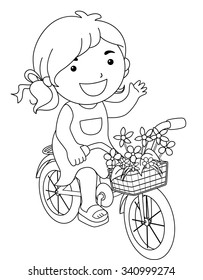 Coloring Book Line Art Illustration of a Little Girl Riding a Bike Carrying a Basket of Flowers