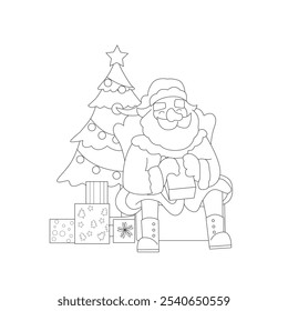 coloring book line art santa claus sitting holding a gift with a Christmas tree with some gift's underneath.