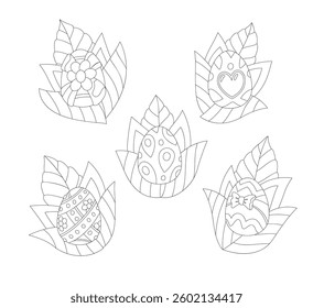 Coloring book line arts vector set of five easter eggs on the white background