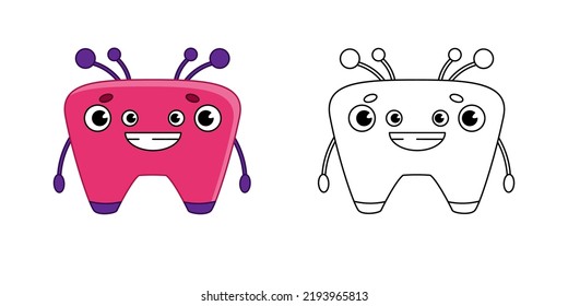 Libro de colorear. Ilustración lineal de un monstruo rosa de dibujos animados o alienígena. Ilustración vectorial en blanco y negro aislada