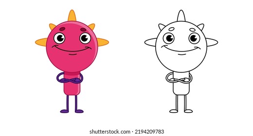 Coloring book. Linear illustration of a cute cartoon pink monster or alien. Black and white vector illustration isolated