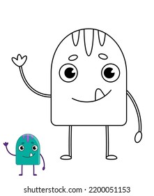 Farbbuch. Lineare Illustration eines süßen Cartoon-grünen Monsters oder Aliens. Schwarz-Weiß-Vektorgrafik einzeln