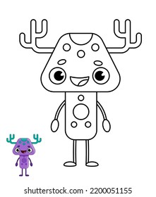 Coloring book. Linear illustration of a cute cartoon purple monster or alien. Black and white vector illustration isolated