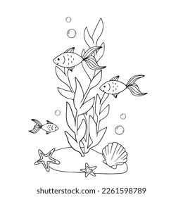 Coloring book, linear sketches of fish in algae at the bottom of the aquarium. Vector graphics.