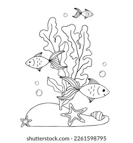 Libro de Colores, bocetos lineales de peces con algas en el fondo del acuario. Gráficos vectoriales.