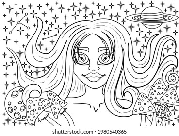 coloring Book Lines Girl Stars Space Galaxy Mushrooms vector