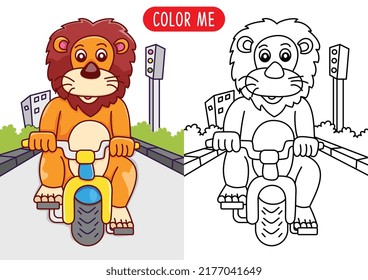 coloring book with lion riding a bicycle illustration