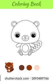 Coloring book little baby beaver sitting. Coloring page for kids. Educational activity for preschool years kids and toddlers with cute animal. Black and white vector stock illustration.