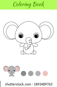 Coloring book little baby elephant sitting. Coloring page for kids. Educational activity for preschool years kids and toddlers with cute animal. Black and white vector stock illustration.