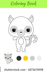 Coloring book little baby lemur. Coloring page for kids. Educational activity for preschool years kids and toddlers with cute animal. Black and white vector stock illustration.
