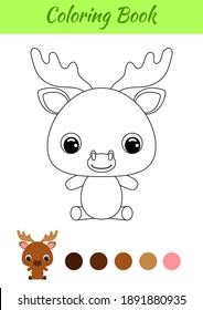 Coloring book little baby moose sitting. Coloring page for kids. Educational activity for preschool years kids and toddlers with cute animal. Black and white vector stock illustration.