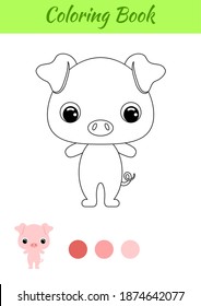 Coloring book little baby pig. Coloring page for kids. Educational activity for preschool years kids and toddlers with cute animal. Black and white vector stock illustration.