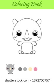 Coloring book little baby rhino sitting. Coloring page for kids. Educational activity for preschool years kids and toddlers with cute animal. Black and white vector stock illustration.