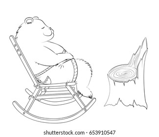 Coloring book with the little bear. The animal sleeps on the rocking chair. A clearing with a tree stump vector illustration.