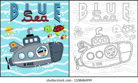 Coloring book of little boy cartoon in submarine with marine animals