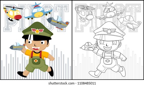 coloring book of little boy cartoon in pilot cap  with aircraft toys