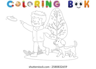 Coloring book of little boy with a dog playing flying disc, vector catoon illustration