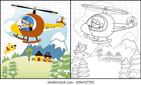 Coloring book of little boy driving helicopter on landscape background