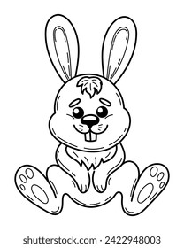 Coloring book little bunny sitting sketch. Cute animal, hare. Hand drawn vector illustration.