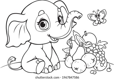 Coloring book of little child Baby elephant and fruits. Black and white outline. Zoo. Animals of Africa. Illustration for children. Coloring book. Cartoon characters. Isolated entertainment fun