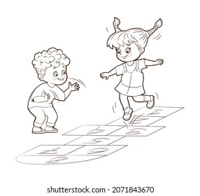 Coloring book little children, boy and girl, jumping fun, playing hopscotch. Vector illustration in cartoon style, black and white isolated line art