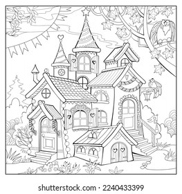 Coloring book for little children. Fantasy toy house in fairyland. Fabulous kingdom. Black and white drawing for kids worksheet. Vector illustration.