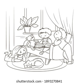 coloring book, little children read an interesting book while sitting on the sofa. They are in a cozy room near the window, next to a teddy bear and a cat, line art, black and white sketch, vector illustration