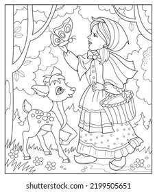 Farbbuch für kleine Kinder. Red Riding Hood Wandern im Sommer Wald mit süßer Fawn. Schwarz-Weiß-Vektorgrafik. Bild im zentangle-Stil. Druckbare Schulungsseite für Kinder.