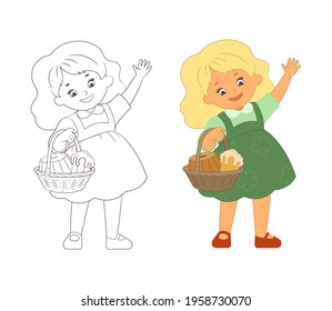 Coloring book, little cute girl with a basket of sweet pastries, waving friendly hand.Vector illustration, cartoon, flat, line art