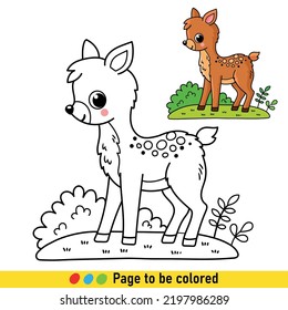 Libro de colorear con un pequeño ciervo al estilo de las caricaturas. Ilustración en blanco y negro con un animal para el desarrollo de los niños.
