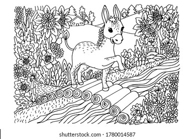 coloring book, a little donkey is walking on a log bridge, around flowers, a river, fields, black and white doodle, sketch, vector illustration