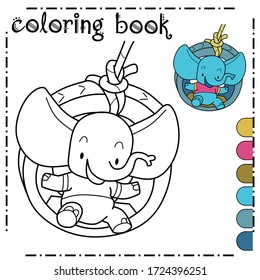 Libro de colorear un pequeño elefante que está jugando a los balancines de neumáticos alegremente. Coloreando la página del libro. Mejor libro de colorear 