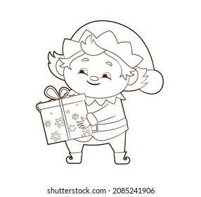 Coloring book: little elf, gnome holds a gift box in his hands. Vector illustration in cartoon style, black and white line art