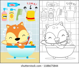Coloring book with little fox cartoon in the bathtub, bathroom elements cartoon