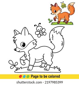 Coloring book with a little fox in a cartoon style. Black and white illustration with an animal for the development of children.