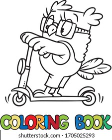 Coloring book of little funny owl on the scooter